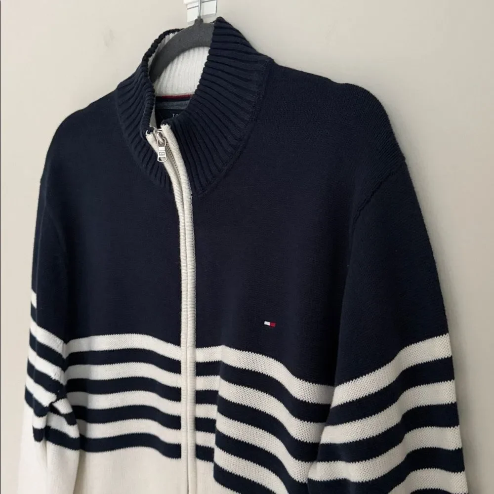 Tommy Hilfiger Men’s Navy & White Stripe Full Zip Cotton Sweater Nautical Size L - Picture 4 of 11